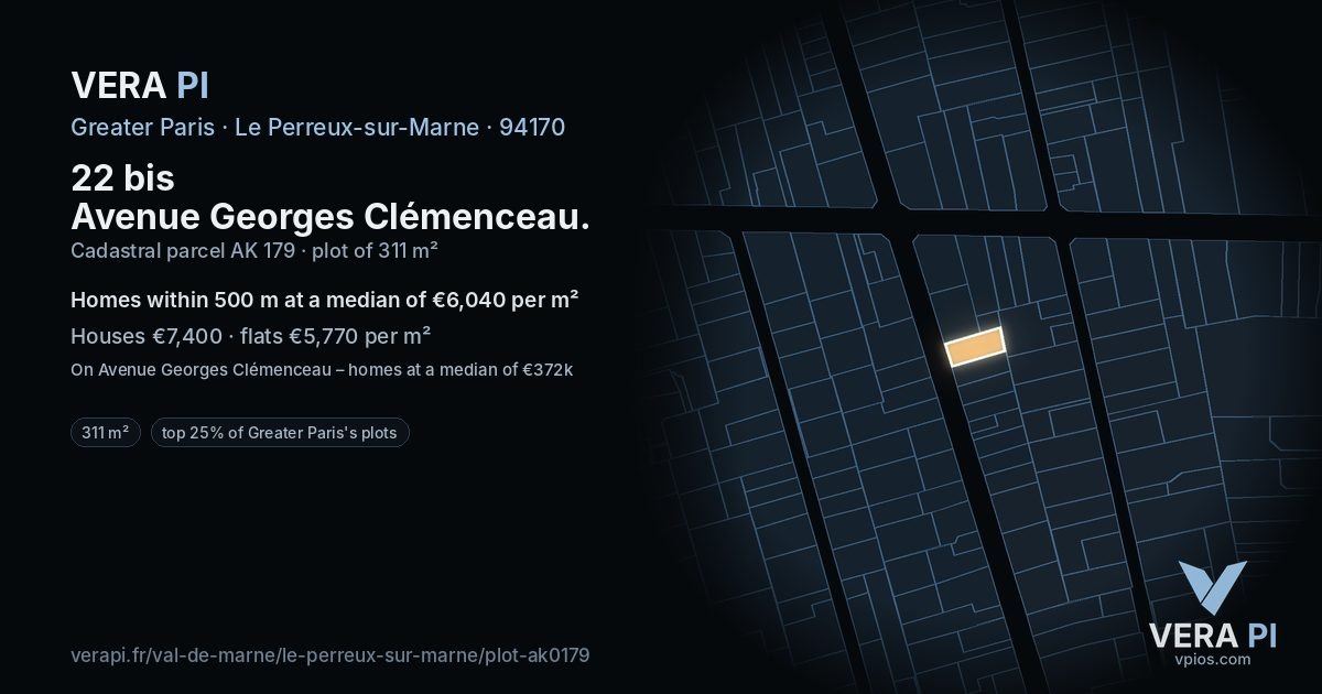 22 bis Avenue Georges Clémenceau, Le Perreux-sur-Marne at night – the plot lit, the parcels around coloured by the prices near them