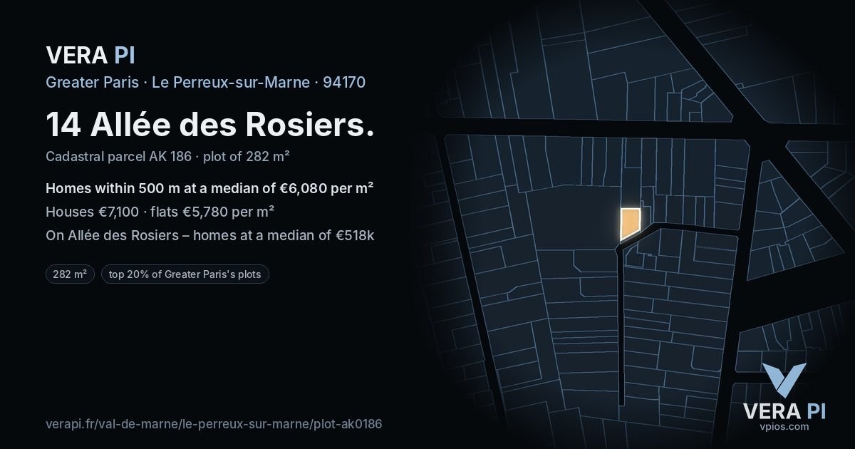 14 Allée des Rosiers, Le Perreux-sur-Marne at night – the plot lit, the parcels around coloured by the prices near them