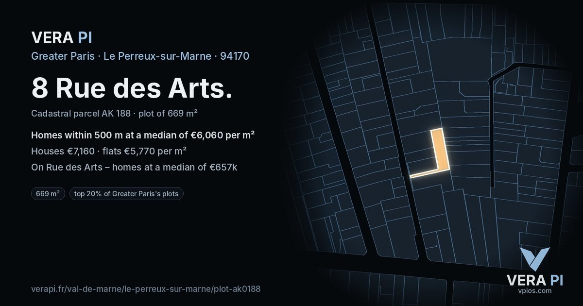 8 Rue des Arts, Le Perreux-sur-Marne at night – the plot lit, the parcels around coloured by the prices near them