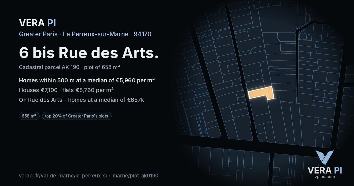 6 bis Rue des Arts, Le Perreux-sur-Marne at night – the plot lit, the parcels around coloured by the prices near them