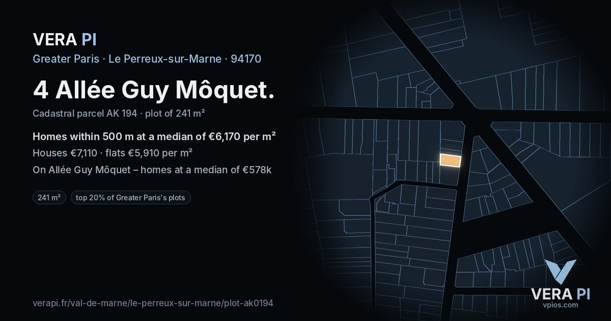 4 Allée Guy Môquet, Le Perreux-sur-Marne at night – the plot lit, the parcels around coloured by the prices near them