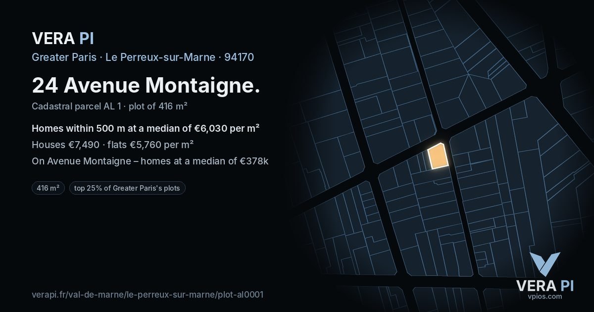 24 Avenue Montaigne, Le Perreux-sur-Marne at night – the plot lit, the parcels around coloured by the prices near them