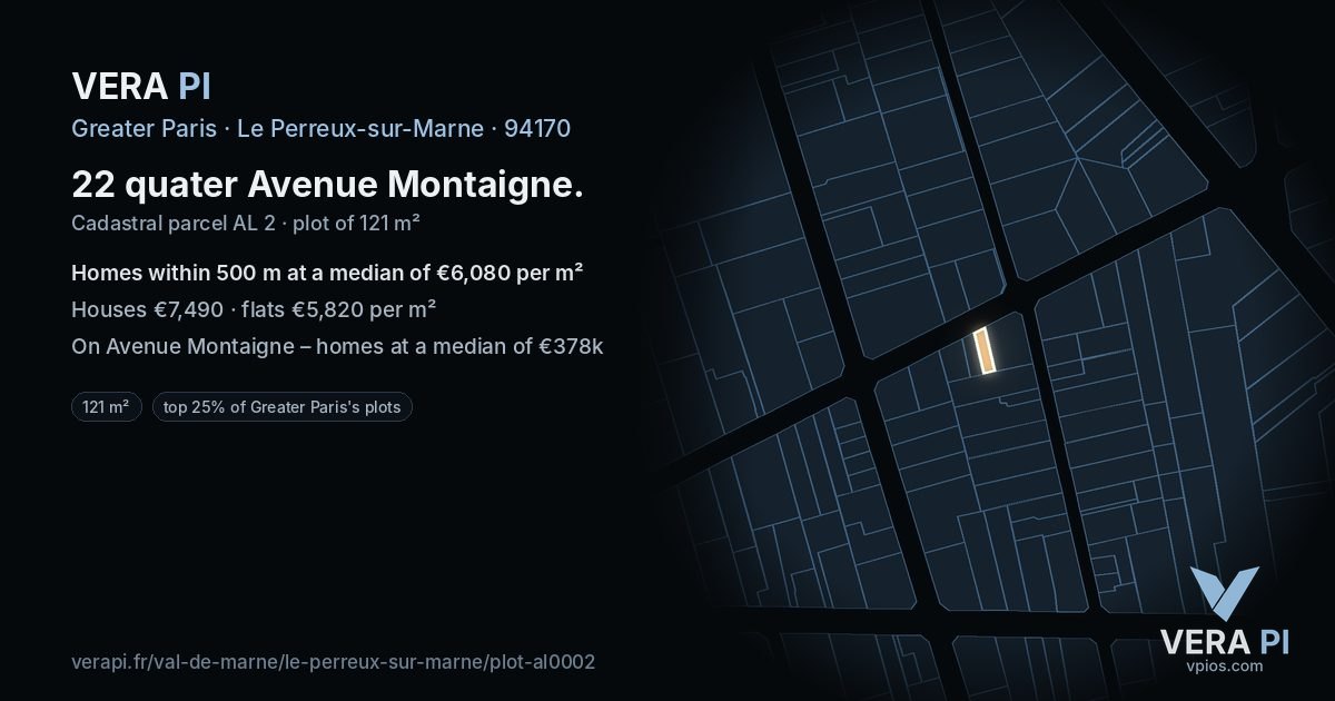 22 quater Avenue Montaigne, Le Perreux-sur-Marne at night – the plot lit, the parcels around coloured by the prices near them