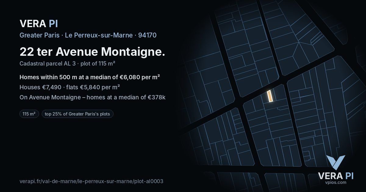 22 ter Avenue Montaigne, Le Perreux-sur-Marne at night – the plot lit, the parcels around coloured by the prices near them