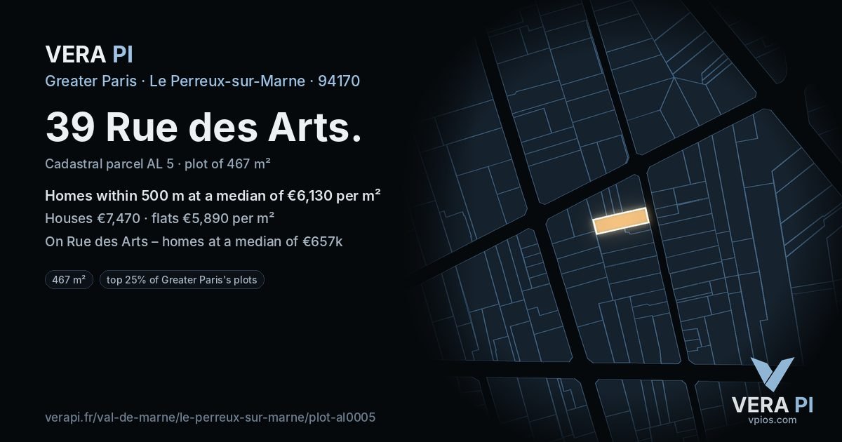 39 Rue des Arts, Le Perreux-sur-Marne at night – the plot lit, the parcels around coloured by the prices near them