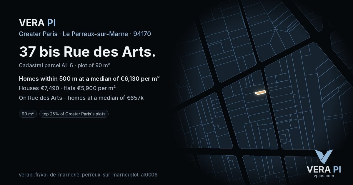 37 bis Rue des Arts, Le Perreux-sur-Marne at night – the plot lit, the parcels around coloured by the prices near them