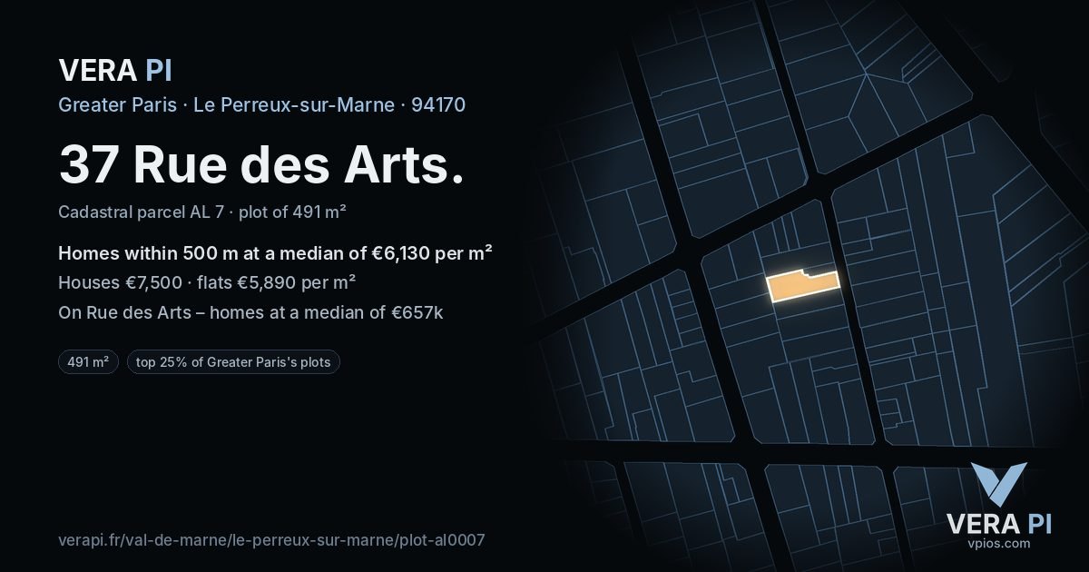 37 Rue des Arts, Le Perreux-sur-Marne at night – the plot lit, the parcels around coloured by the prices near them