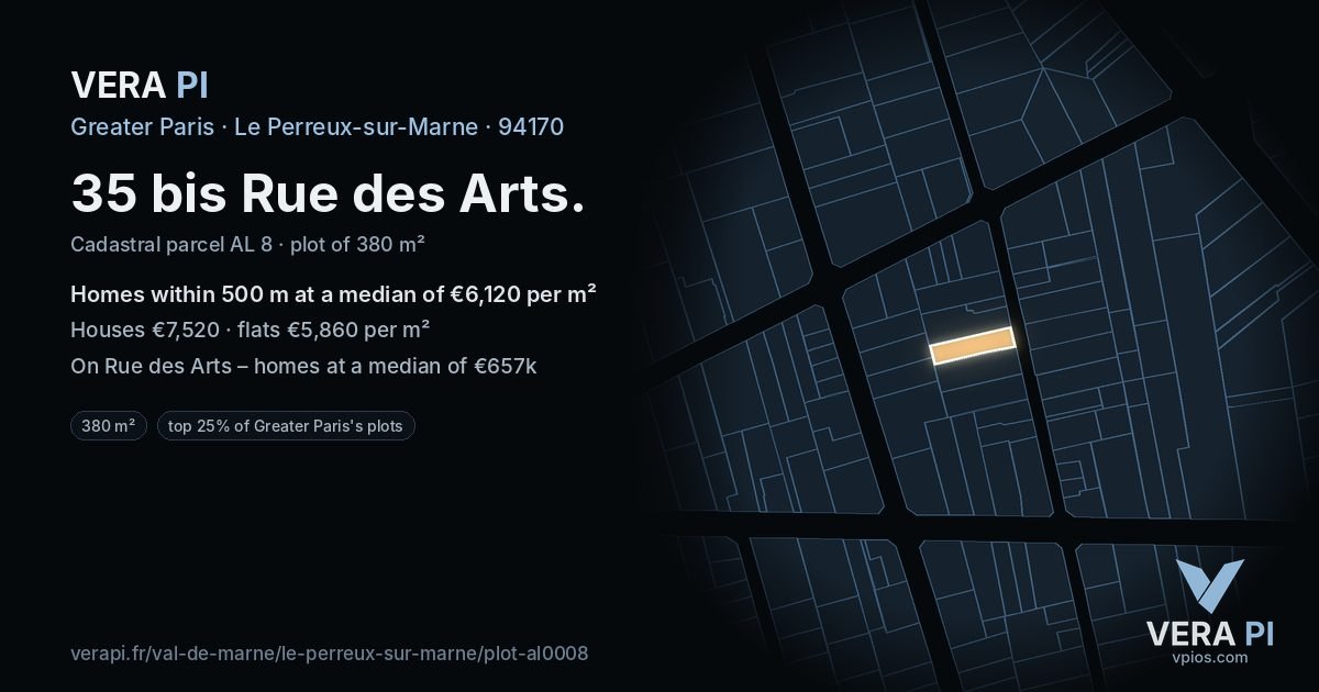 35 bis Rue des Arts, Le Perreux-sur-Marne at night – the plot lit, the parcels around coloured by the prices near them