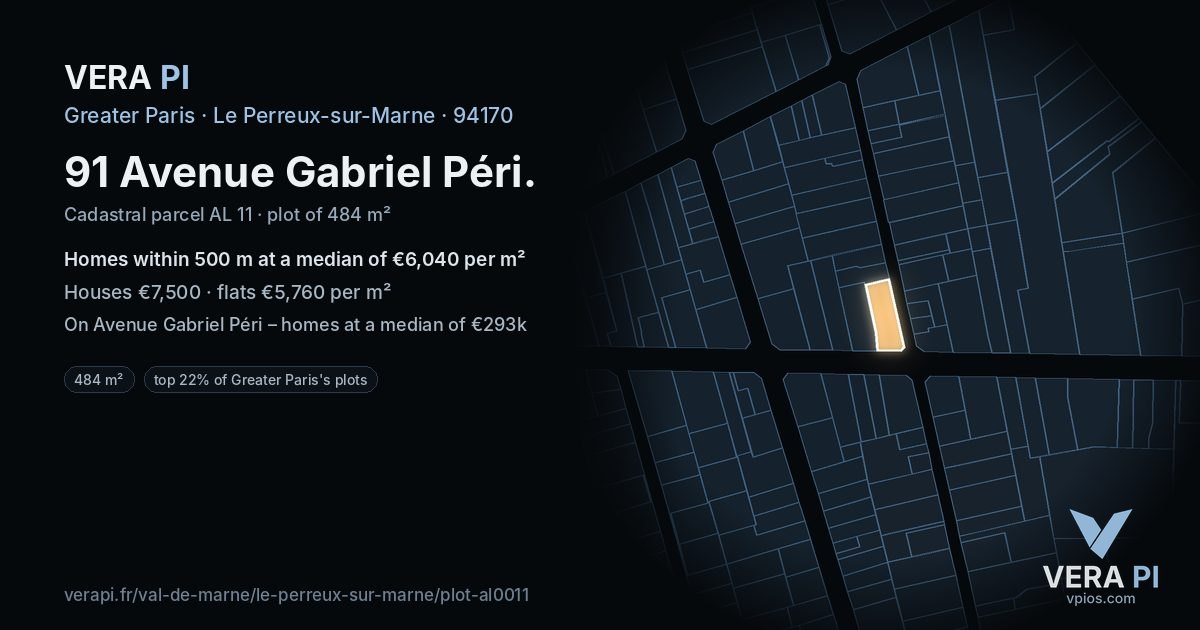 91 Avenue Gabriel Péri, Le Perreux-sur-Marne at night – the plot lit, the parcels around coloured by the prices near them