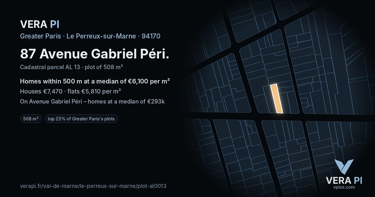 87 Avenue Gabriel Péri, Le Perreux-sur-Marne at night – the plot lit, the parcels around coloured by the prices near them