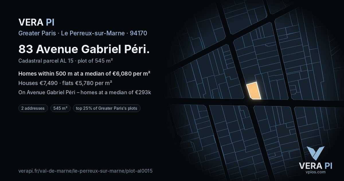 83 Avenue Gabriel Péri, Le Perreux-sur-Marne at night – the plot lit, the parcels around coloured by the prices near them