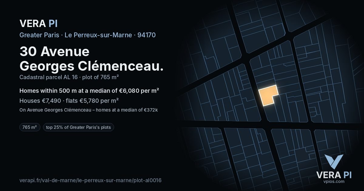 30 Avenue Georges Clémenceau, Le Perreux-sur-Marne at night – the plot lit, the parcels around coloured by the prices near them
