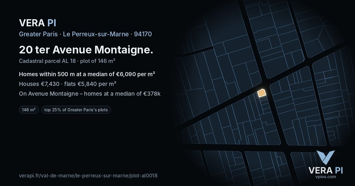 20 ter Avenue Montaigne, Le Perreux-sur-Marne at night – the plot lit, the parcels around coloured by the prices near them