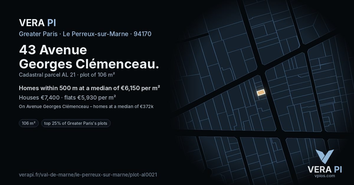 43 Avenue Georges Clémenceau, Le Perreux-sur-Marne at night – the plot lit, the parcels around coloured by the prices near them