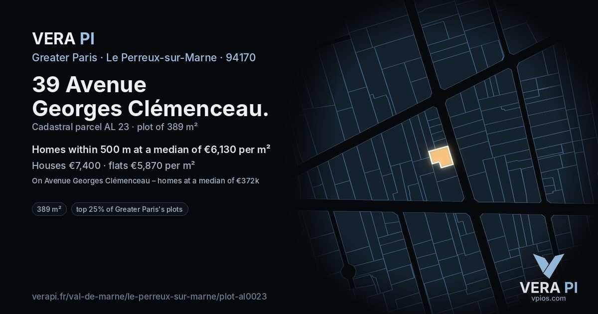 39 Avenue Georges Clémenceau, Le Perreux-sur-Marne at night – the plot lit, the parcels around coloured by the prices near them