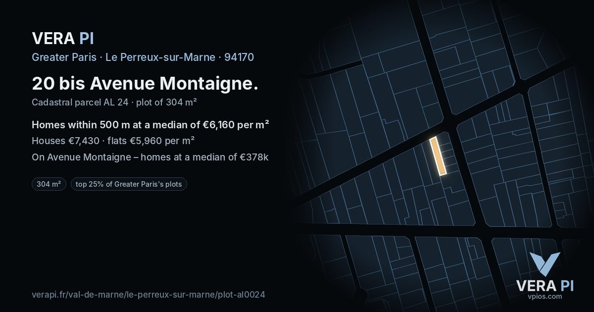 20 bis Avenue Montaigne, Le Perreux-sur-Marne at night – the plot lit, the parcels around coloured by the prices near them