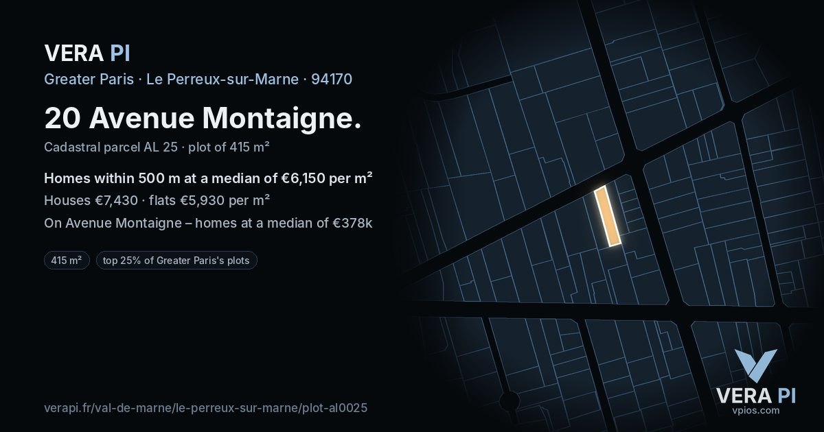 20 Avenue Montaigne, Le Perreux-sur-Marne at night – the plot lit, the parcels around coloured by the prices near them