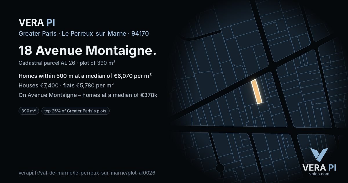 18 Avenue Montaigne, Le Perreux-sur-Marne at night – the plot lit, the parcels around coloured by the prices near them