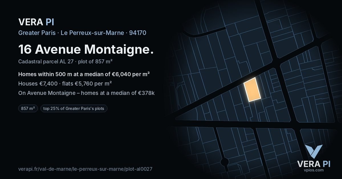 16 Avenue Montaigne, Le Perreux-sur-Marne at night – the plot lit, the parcels around coloured by the prices near them
