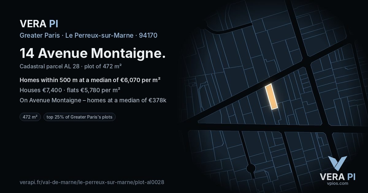 14 Avenue Montaigne, Le Perreux-sur-Marne at night – the plot lit, the parcels around coloured by the prices near them