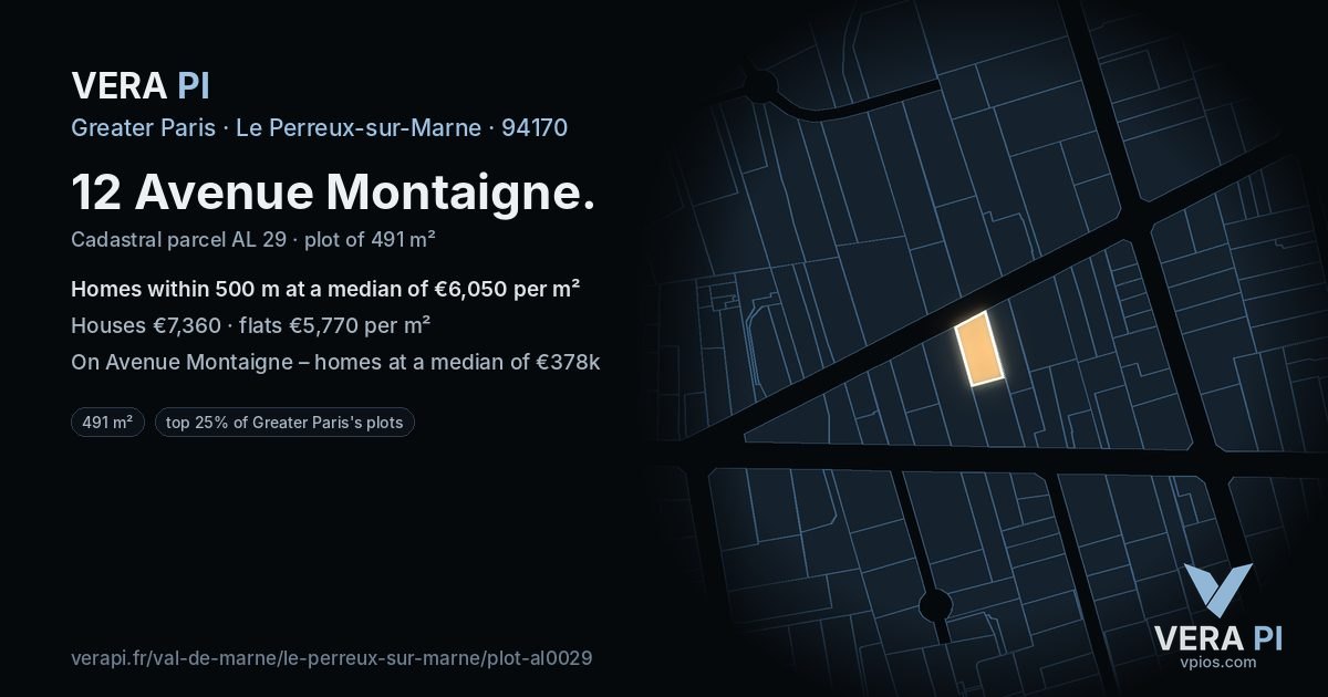 12 Avenue Montaigne, Le Perreux-sur-Marne at night – the plot lit, the parcels around coloured by the prices near them