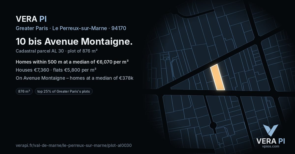10 bis Avenue Montaigne, Le Perreux-sur-Marne at night – the plot lit, the parcels around coloured by the prices near them