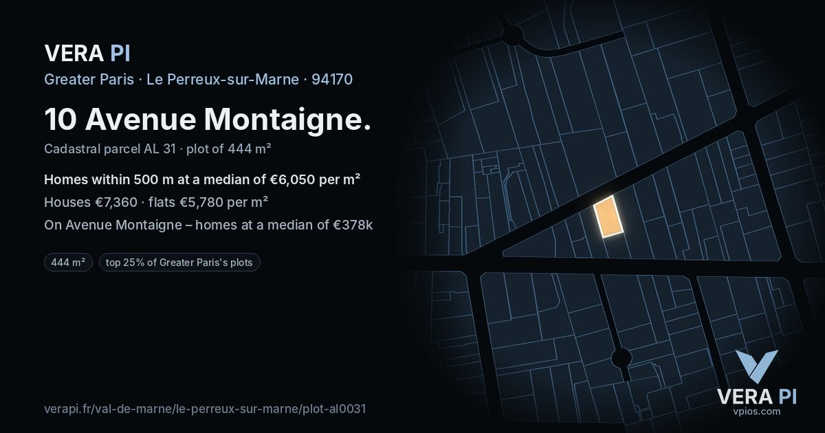 10 Avenue Montaigne, Le Perreux-sur-Marne at night – the plot lit, the parcels around coloured by the prices near them