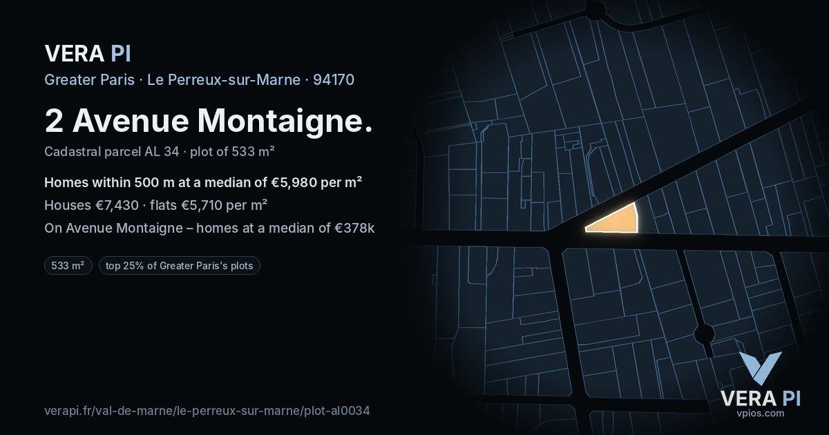 2 Avenue Montaigne, Le Perreux-sur-Marne at night – the plot lit, the parcels around coloured by the prices near them