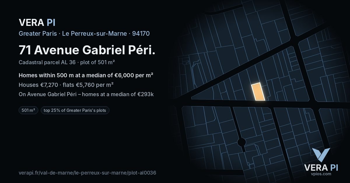 71 Avenue Gabriel Péri, Le Perreux-sur-Marne at night – the plot lit, the parcels around coloured by the prices near them