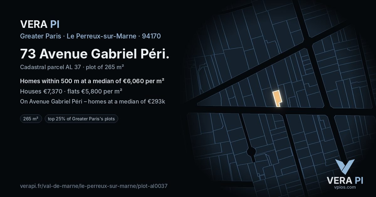 73 Avenue Gabriel Péri, Le Perreux-sur-Marne at night – the plot lit, the parcels around coloured by the prices near them
