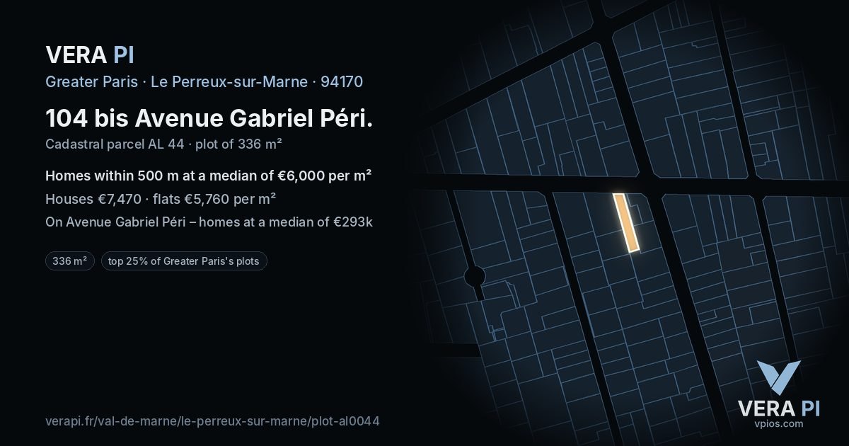 104 bis Avenue Gabriel Péri, Le Perreux-sur-Marne at night – the plot lit, the parcels around coloured by the prices near them