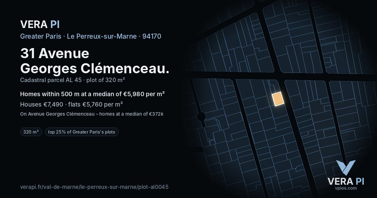 31 Avenue Georges Clémenceau, Le Perreux-sur-Marne at night – the plot lit, the parcels around coloured by the prices near them