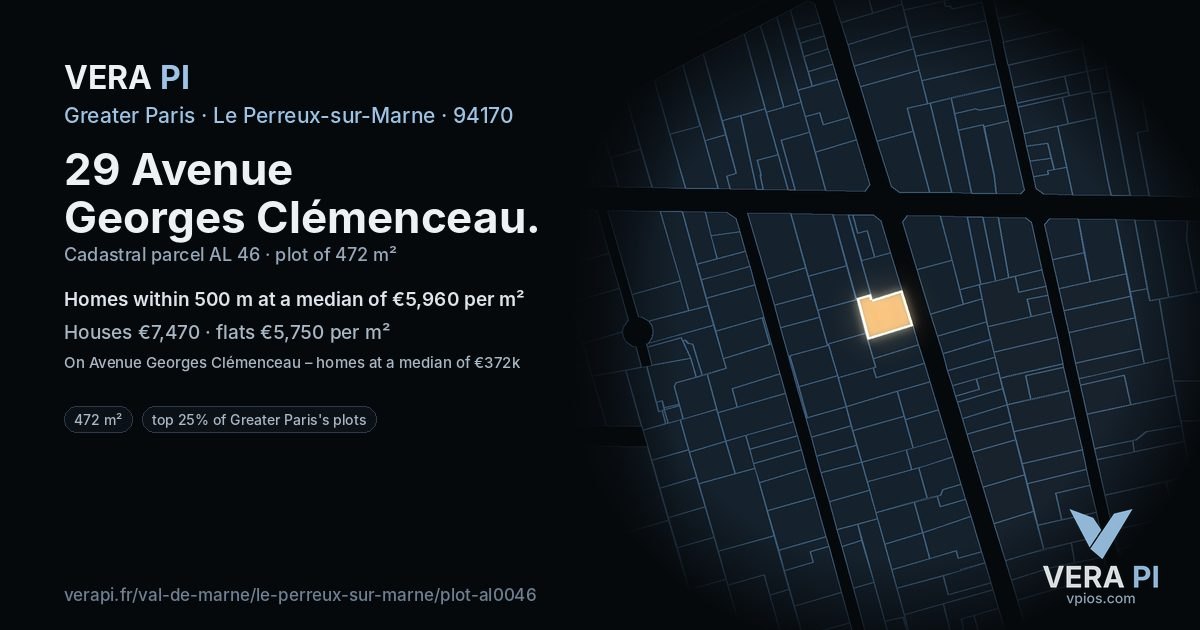 29 Avenue Georges Clémenceau, Le Perreux-sur-Marne at night – the plot lit, the parcels around coloured by the prices near them