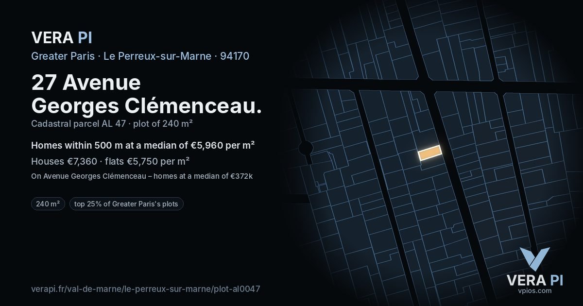 27 Avenue Georges Clémenceau, Le Perreux-sur-Marne at night – the plot lit, the parcels around coloured by the prices near them