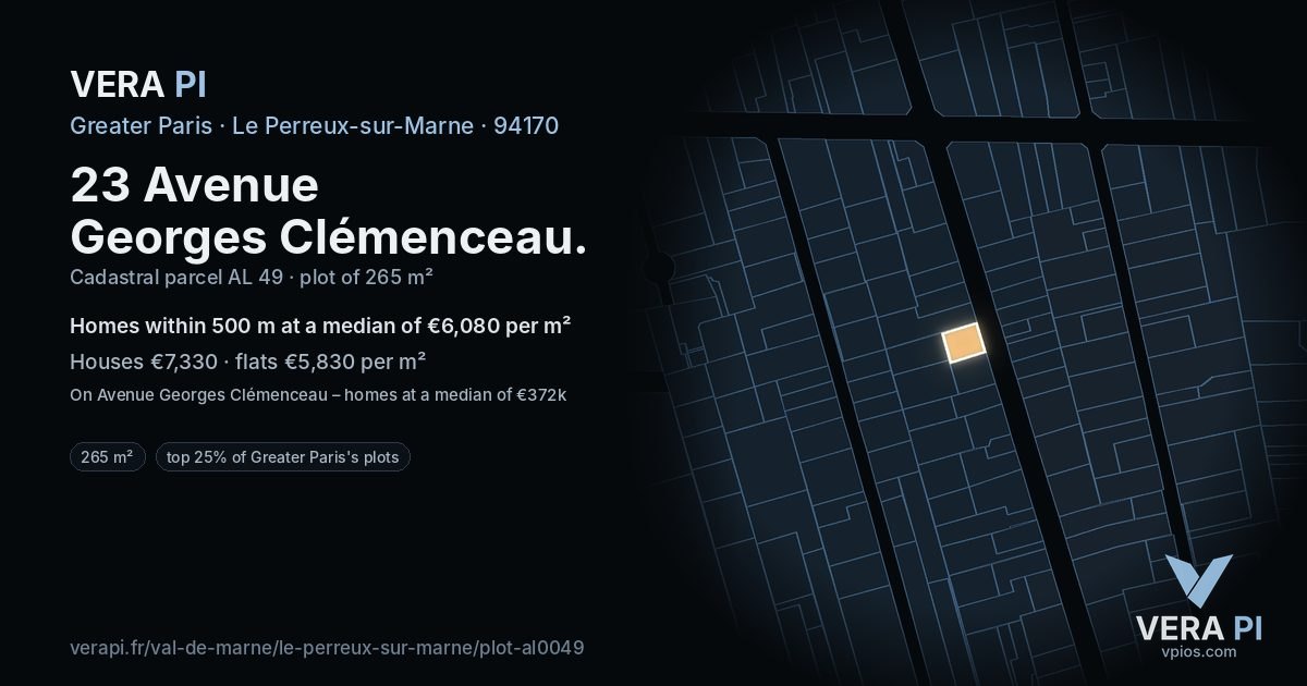 23 Avenue Georges Clémenceau, Le Perreux-sur-Marne at night – the plot lit, the parcels around coloured by the prices near them