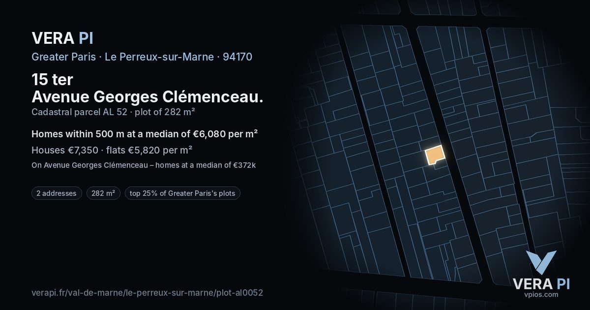 15 ter Avenue Georges Clémenceau, Le Perreux-sur-Marne at night – the plot lit, the parcels around coloured by the prices near them