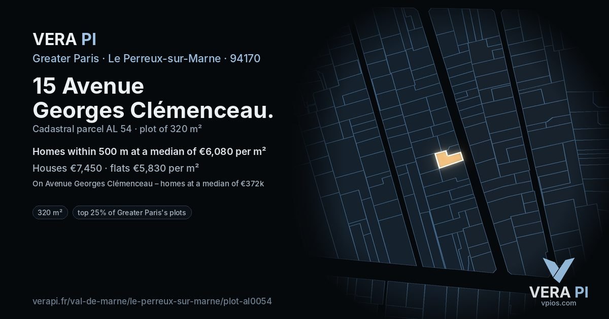 15 Avenue Georges Clémenceau, Le Perreux-sur-Marne at night – the plot lit, the parcels around coloured by the prices near them