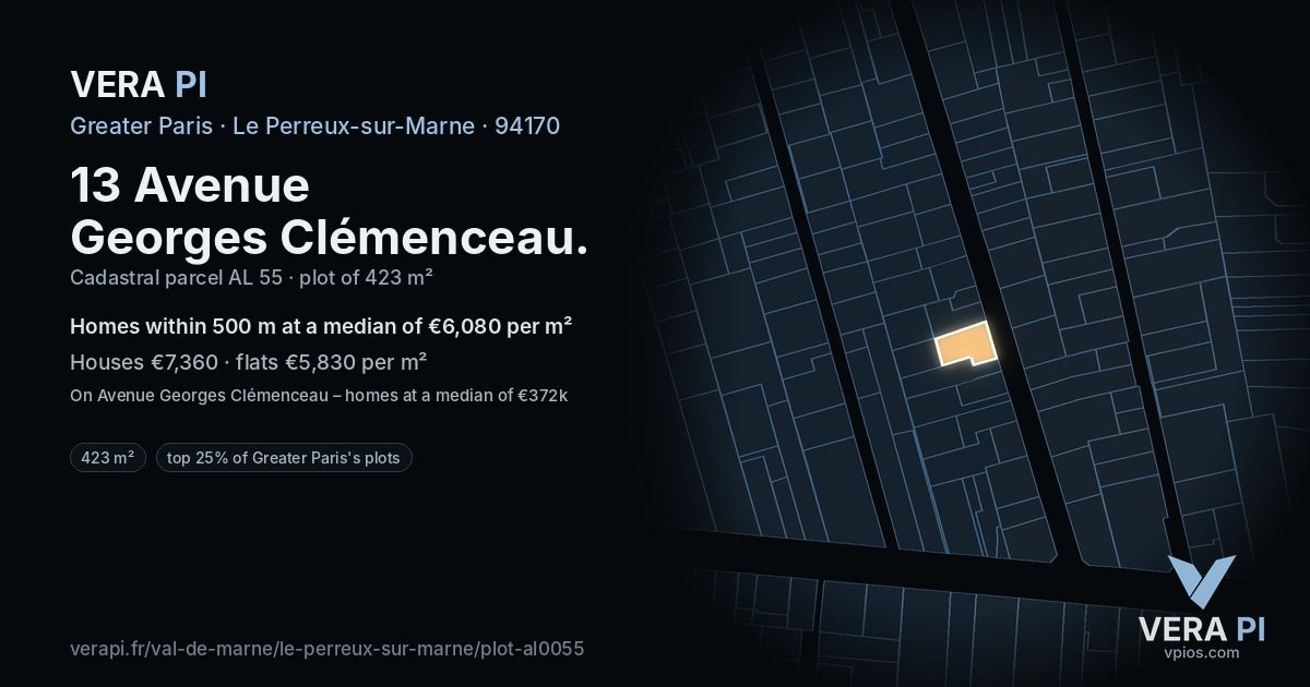 13 Avenue Georges Clémenceau, Le Perreux-sur-Marne at night – the plot lit, the parcels around coloured by the prices near them