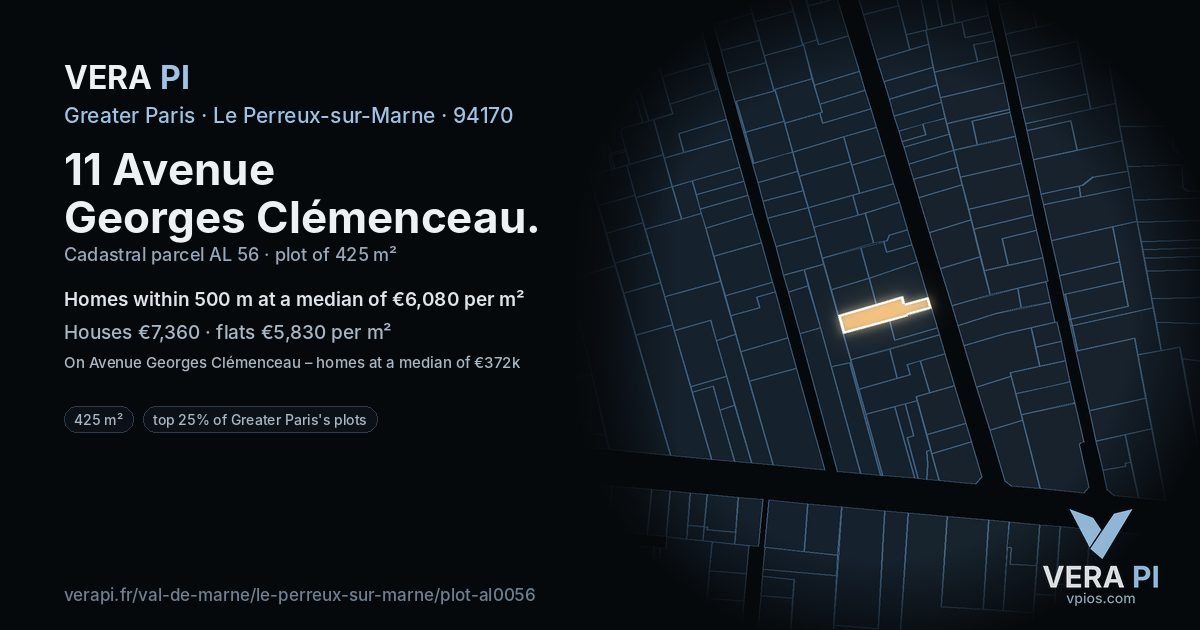 11 Avenue Georges Clémenceau, Le Perreux-sur-Marne at night – the plot lit, the parcels around coloured by the prices near them