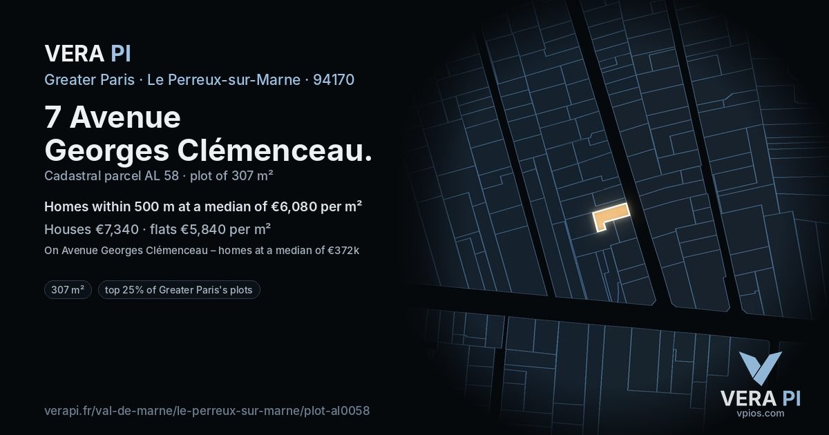 7 Avenue Georges Clémenceau, Le Perreux-sur-Marne at night – the plot lit, the parcels around coloured by the prices near them