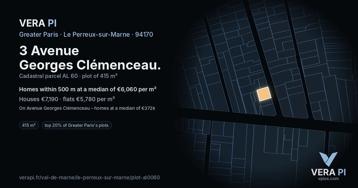 3 Avenue Georges Clémenceau, Le Perreux-sur-Marne at night – the plot lit, the parcels around coloured by the prices near them