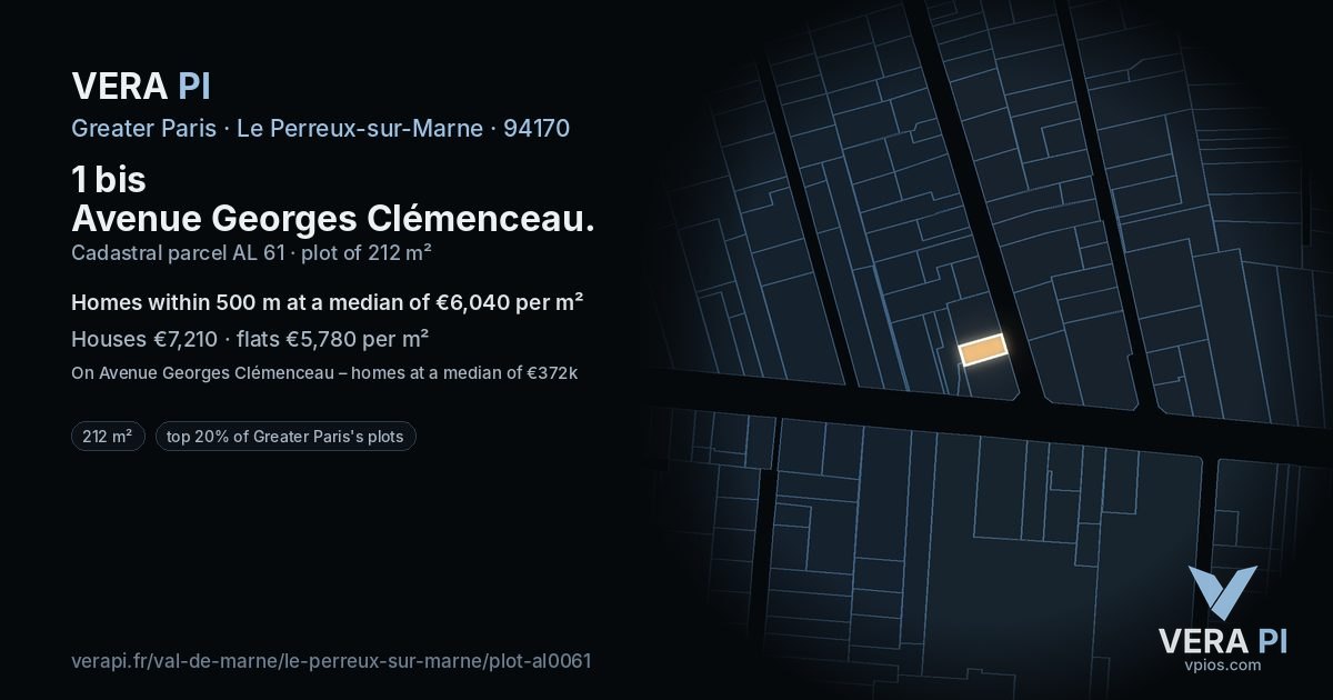 1 bis Avenue Georges Clémenceau, Le Perreux-sur-Marne at night – the plot lit, the parcels around coloured by the prices near them