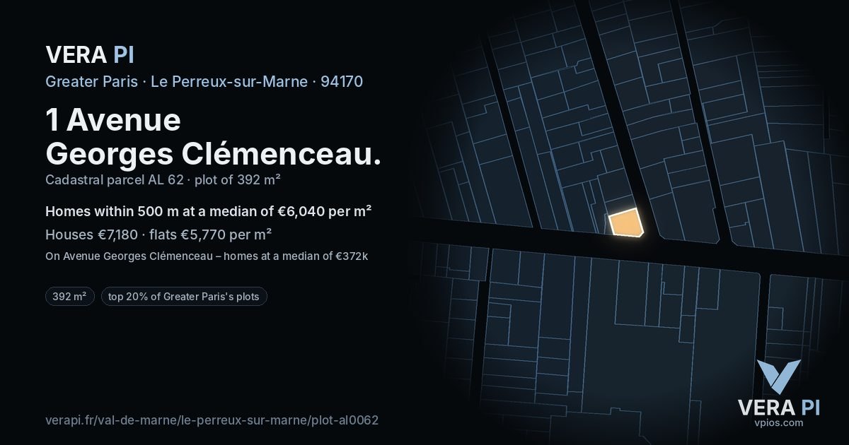 1 Avenue Georges Clémenceau, Le Perreux-sur-Marne at night – the plot lit, the parcels around coloured by the prices near them