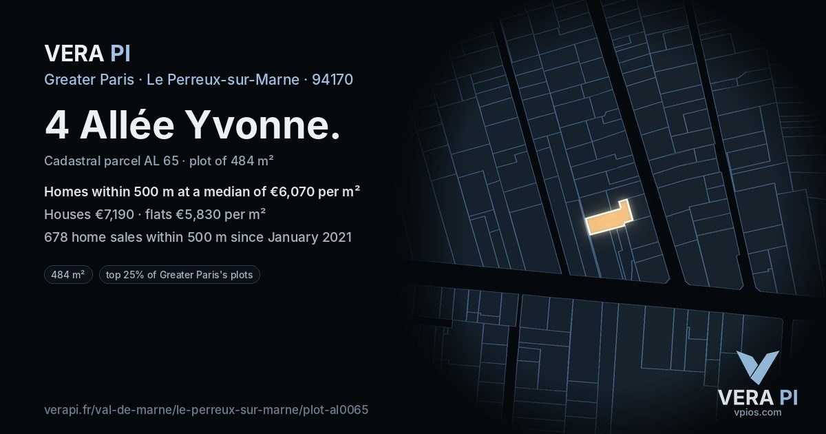 4 Allée Yvonne, Le Perreux-sur-Marne at night – the plot lit, the parcels around coloured by the prices near them