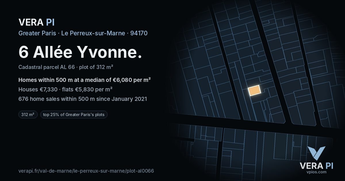 6 Allée Yvonne, Le Perreux-sur-Marne at night – the plot lit, the parcels around coloured by the prices near them
