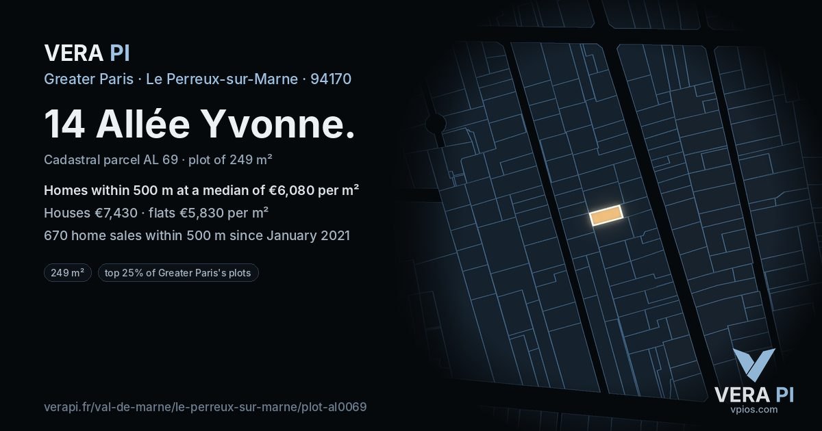 14 Allée Yvonne, Le Perreux-sur-Marne at night – the plot lit, the parcels around coloured by the prices near them