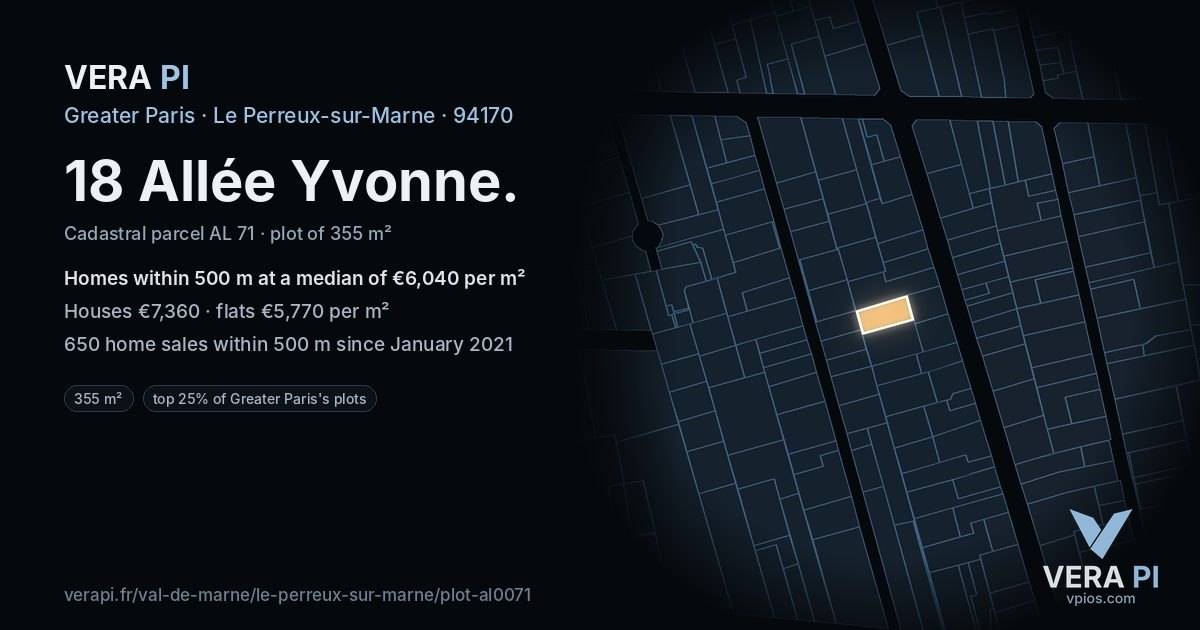 18 Allée Yvonne, Le Perreux-sur-Marne at night – the plot lit, the parcels around coloured by the prices near them