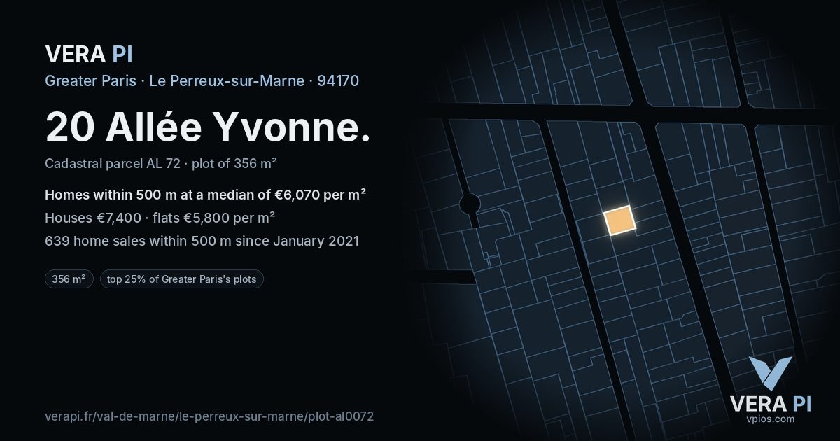 20 Allée Yvonne, Le Perreux-sur-Marne at night – the plot lit, the parcels around coloured by the prices near them