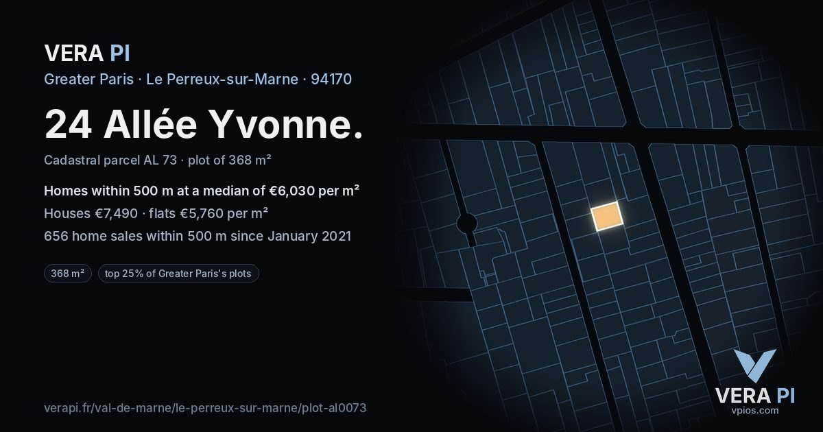 24 Allée Yvonne, Le Perreux-sur-Marne at night – the plot lit, the parcels around coloured by the prices near them