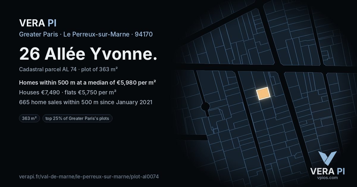 26 Allée Yvonne, Le Perreux-sur-Marne at night – the plot lit, the parcels around coloured by the prices near them
